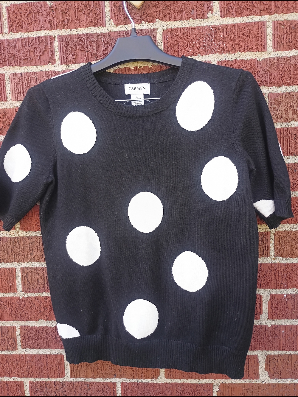 Carmen Marc Valvo Polka Dot Short Sleeve Knit Blouse